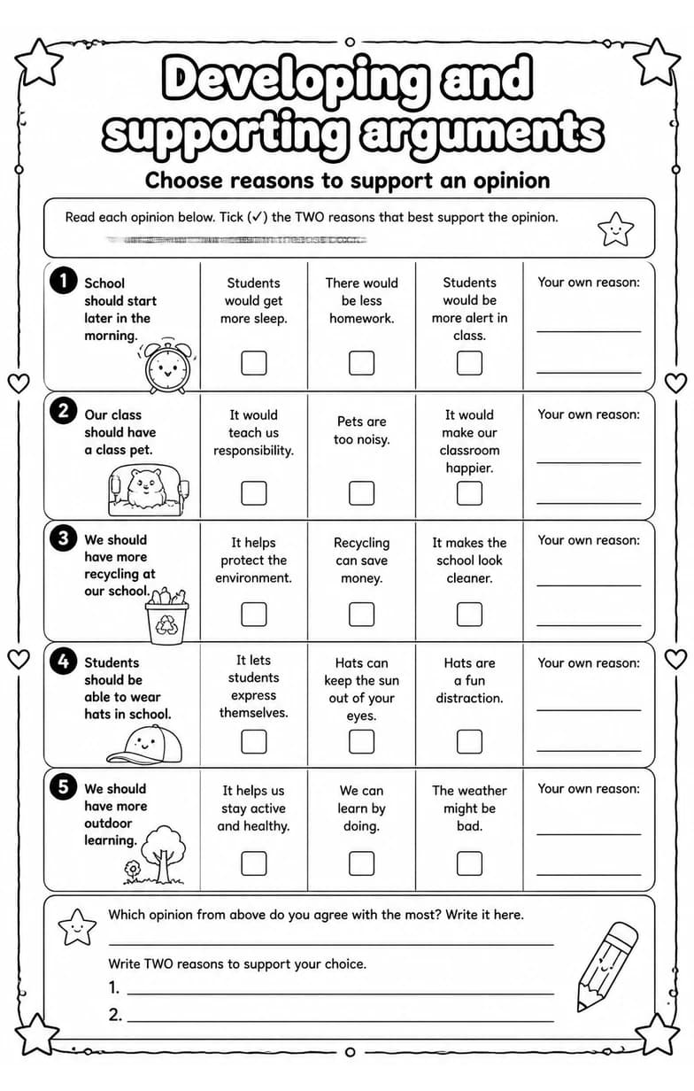 Choose reasons to support an opinion — free printable Grade 5 English & Reading worksheet