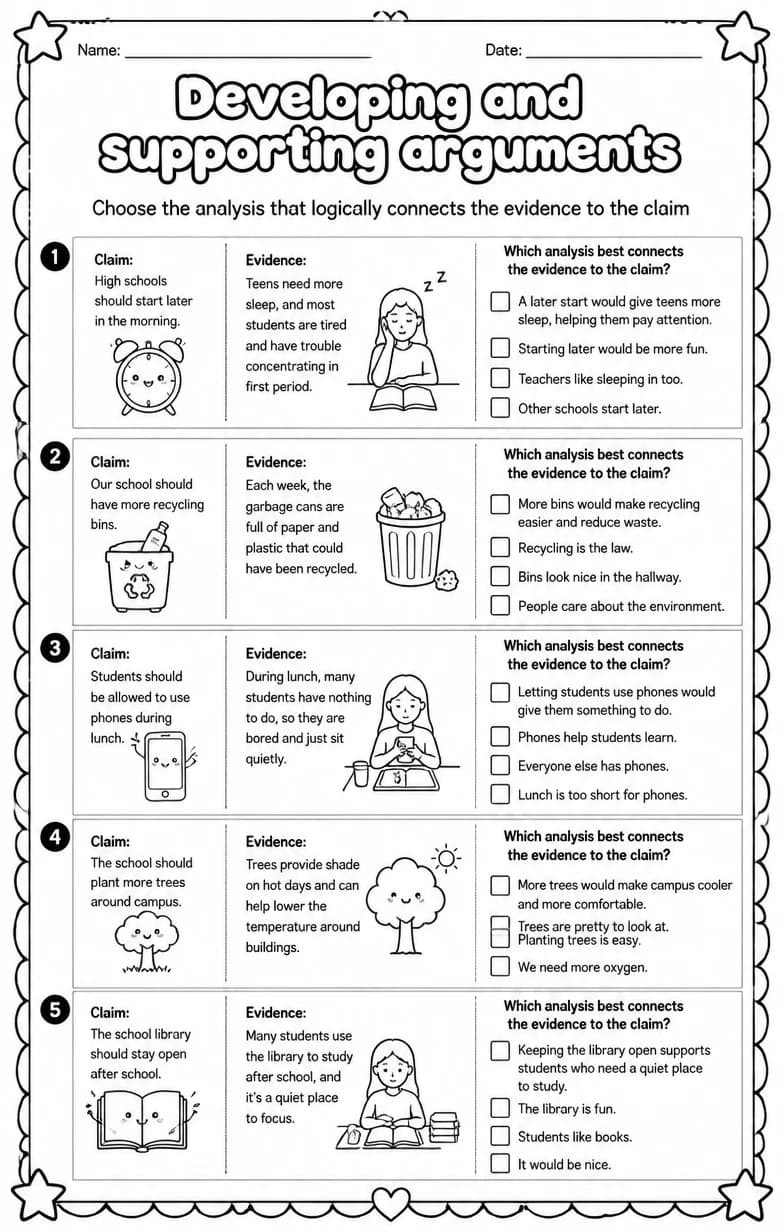 Choose the analysis that logically connects the evidence to the claim — free printable Writing strategies English worksheet