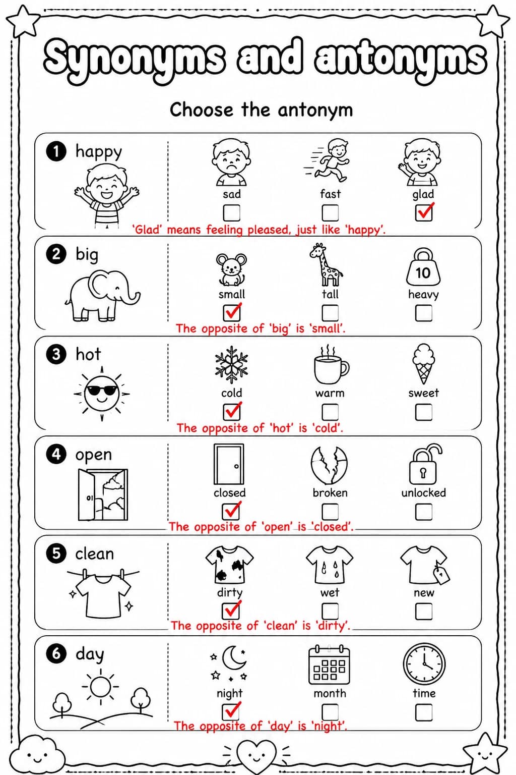 Answer key for Choose the antonym — free printable English & Reading worksheet