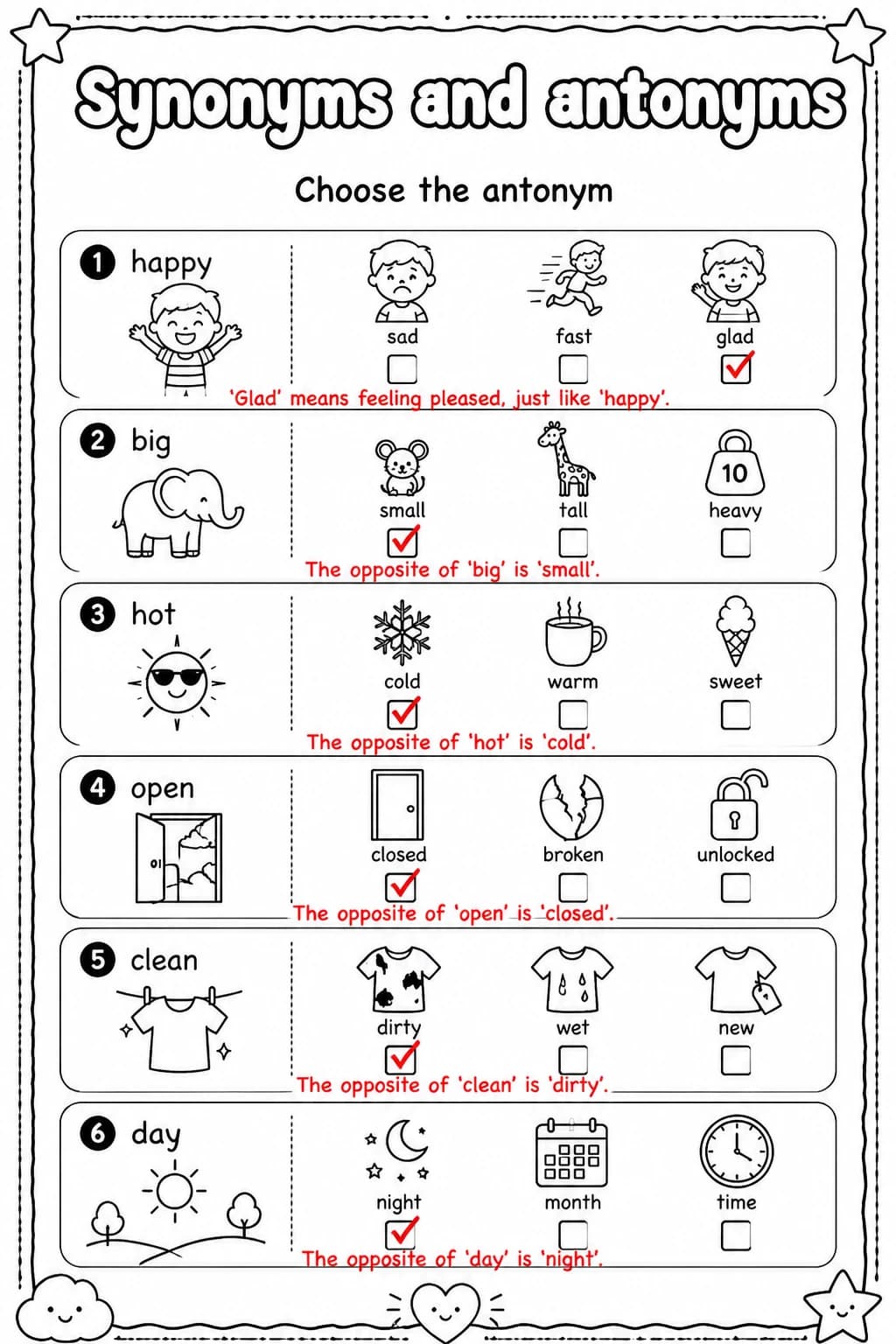 Answer key for Choose the antonym — free printable English & Reading worksheet