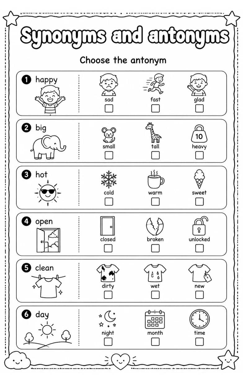Choose the antonym — free printable Vocabulary English worksheet