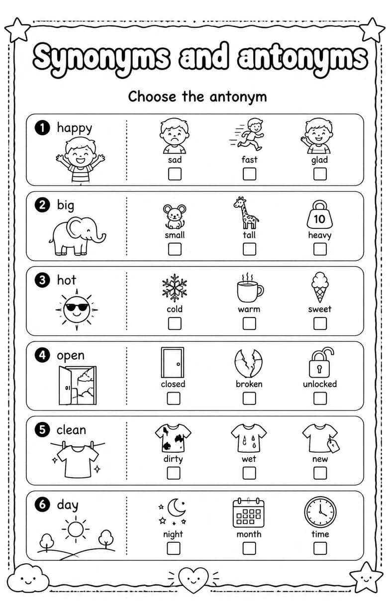 Choose the antonym — free printable Vocabulary English worksheet