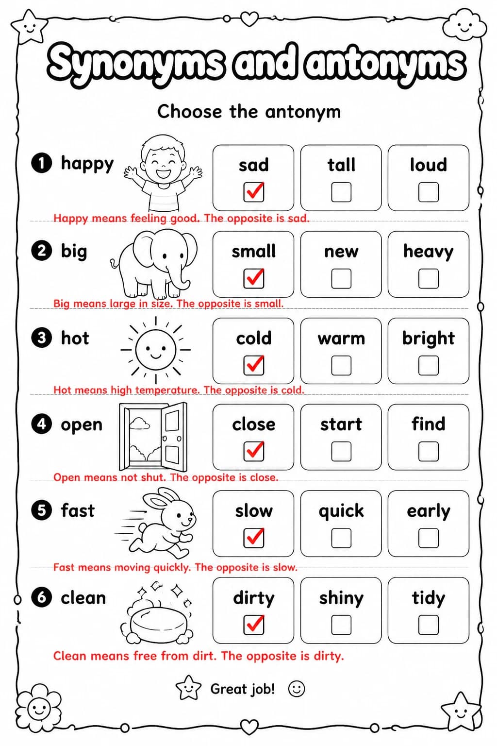 Answer key for Choose the antonym — free printable English & Reading worksheet