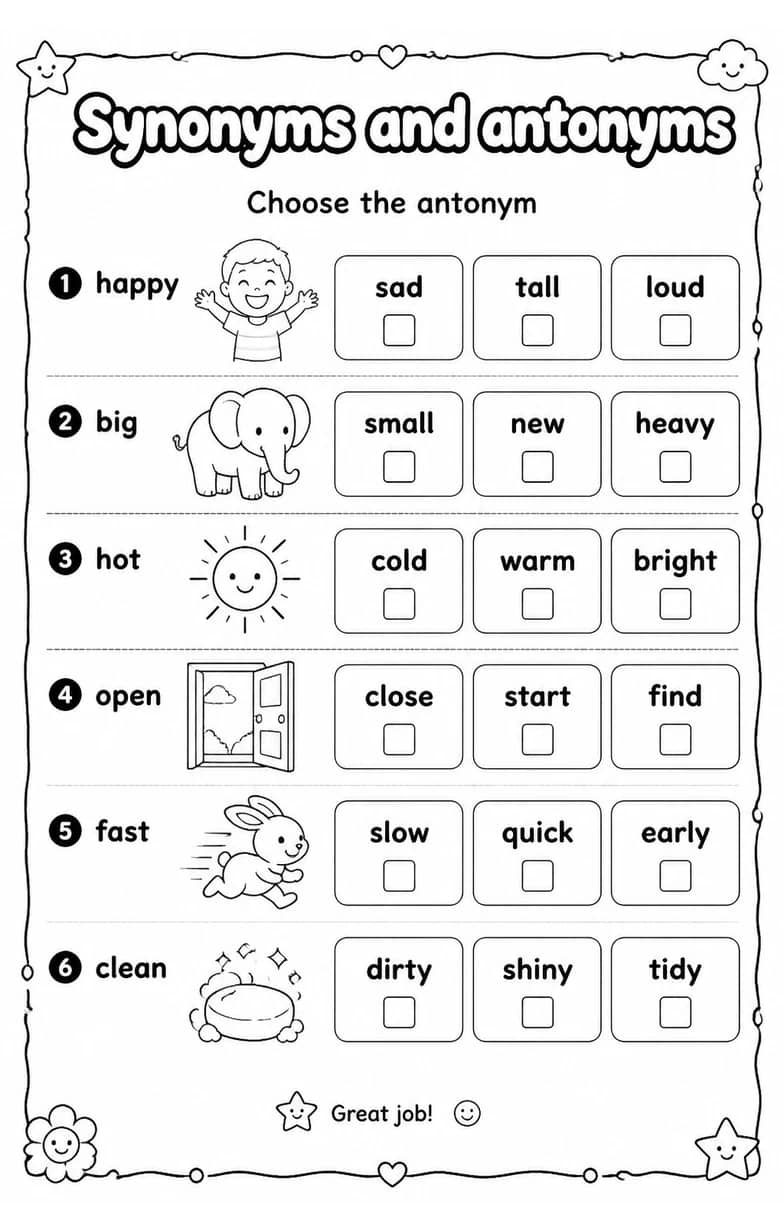 Choose the antonym — free printable Vocabulary English worksheet