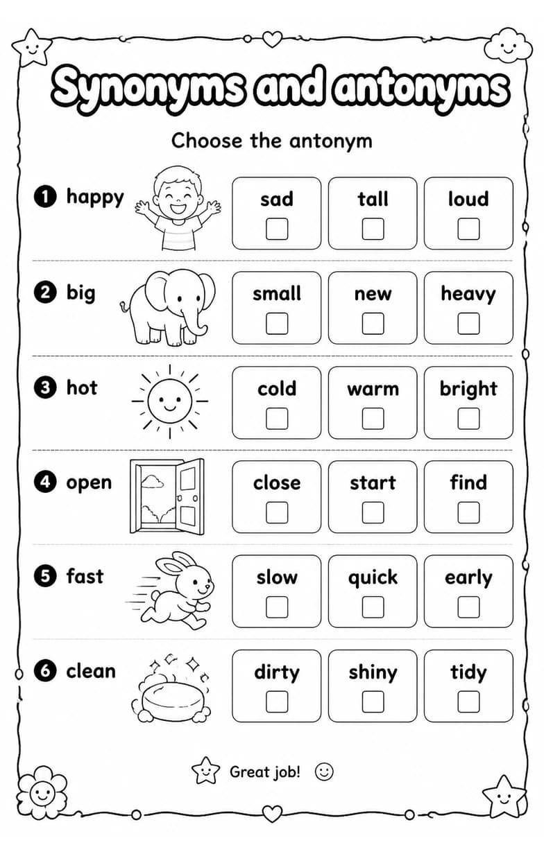 Choose the antonym — free printable Grade 3 English & Reading worksheet