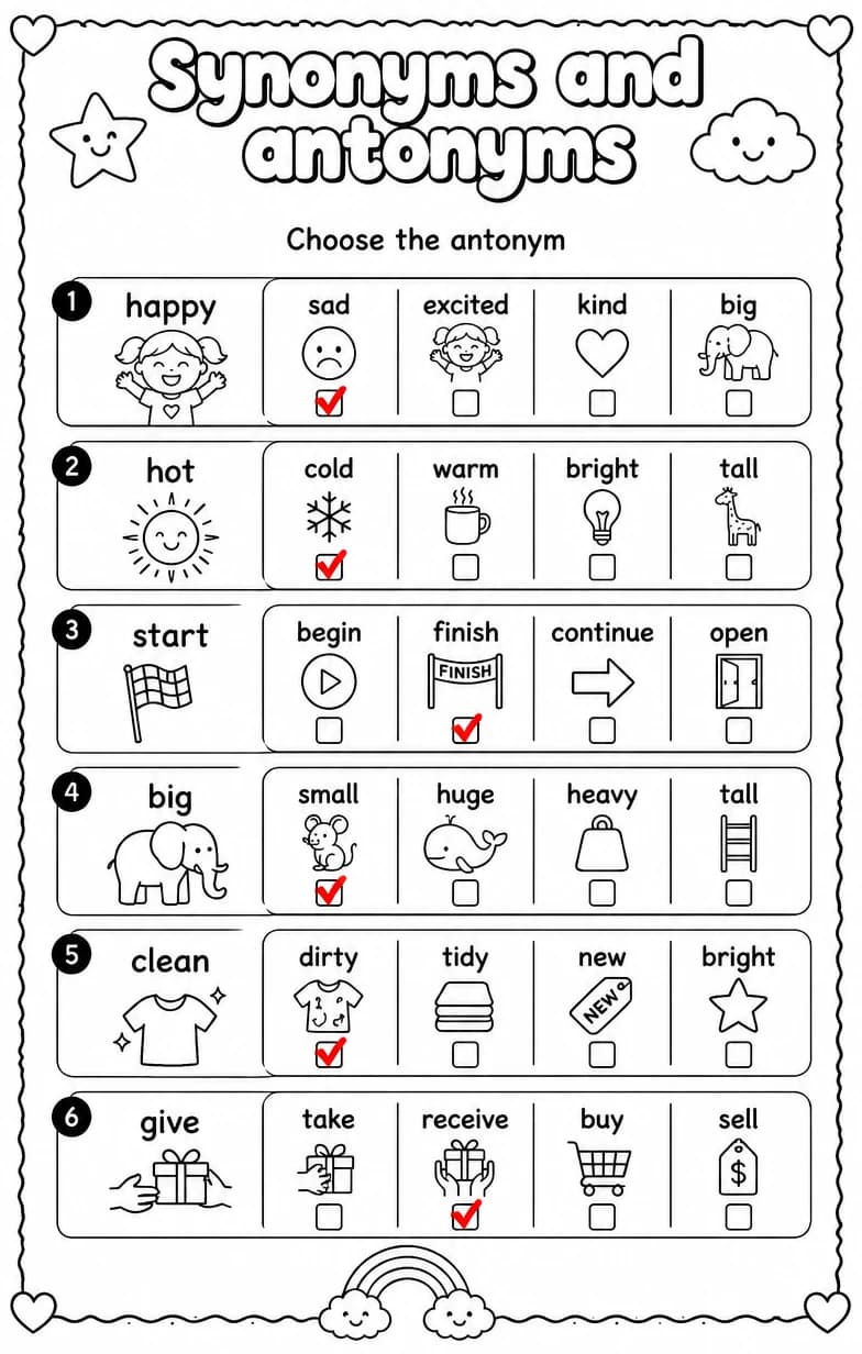 Answer key for Choose the antonym — free printable English & Reading worksheet