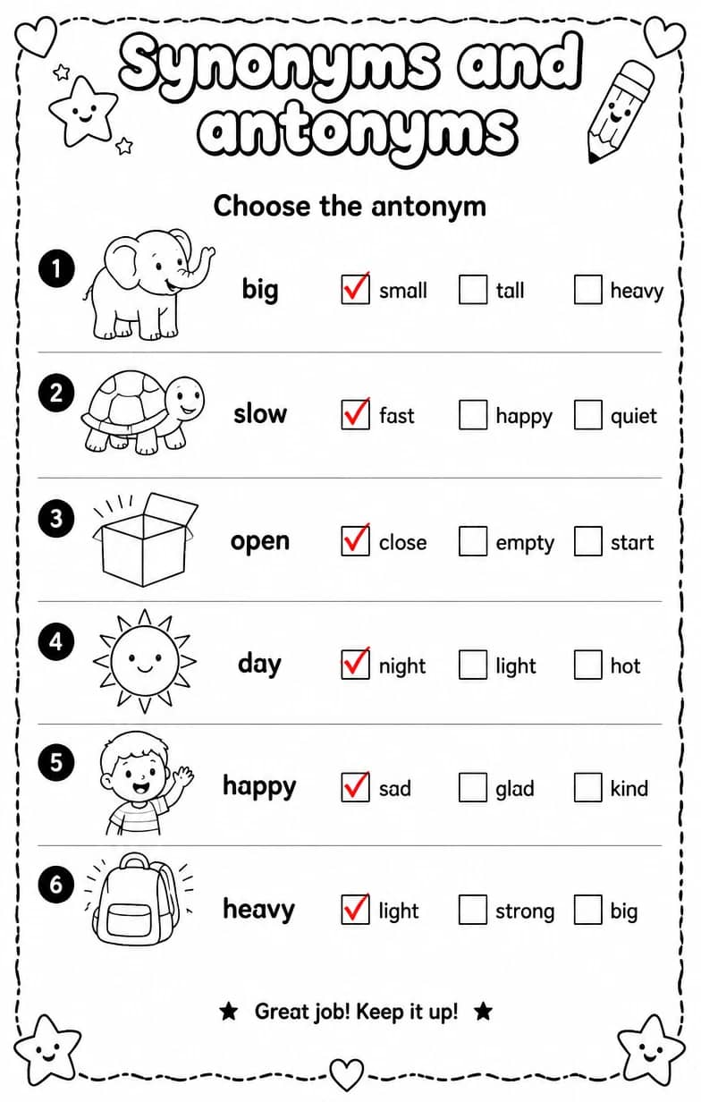 Answer key for Choose the antonym — free printable English & Reading worksheet