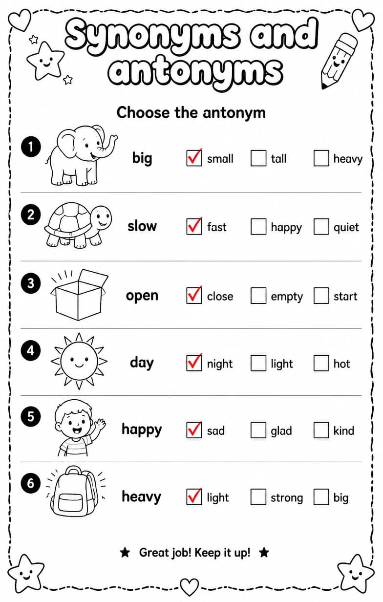 Answer key for Choose the antonym — free printable English & Reading worksheet