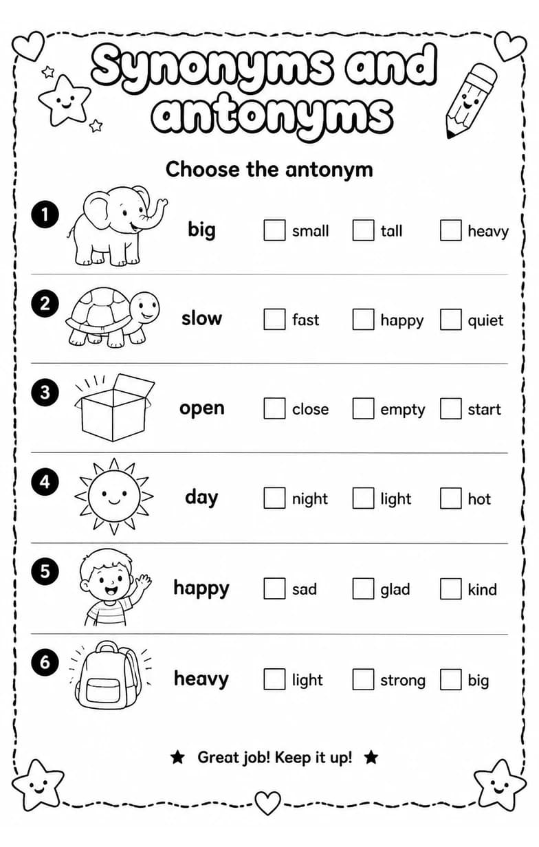 Choose the antonym — free printable Vocabulary English worksheet
