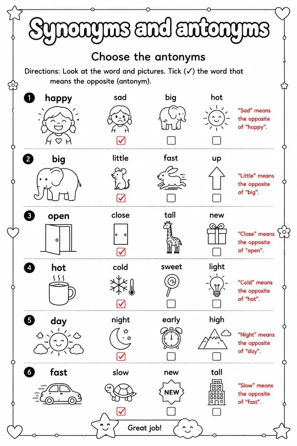 Answer key for Choose the antonyms — free printable English & Reading worksheet