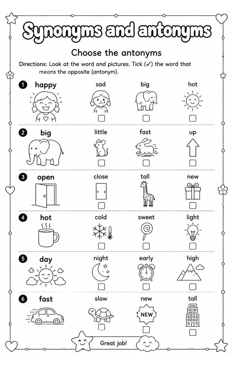 Choose the antonyms — free printable Grade 1 English & Reading worksheet