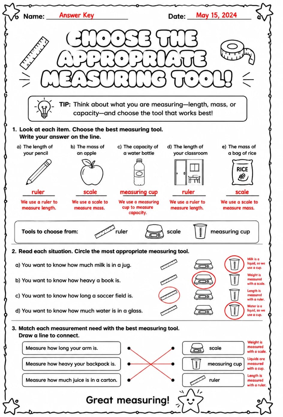 Answer key for Choose the appropriate measuring tool — free printable Math worksheet