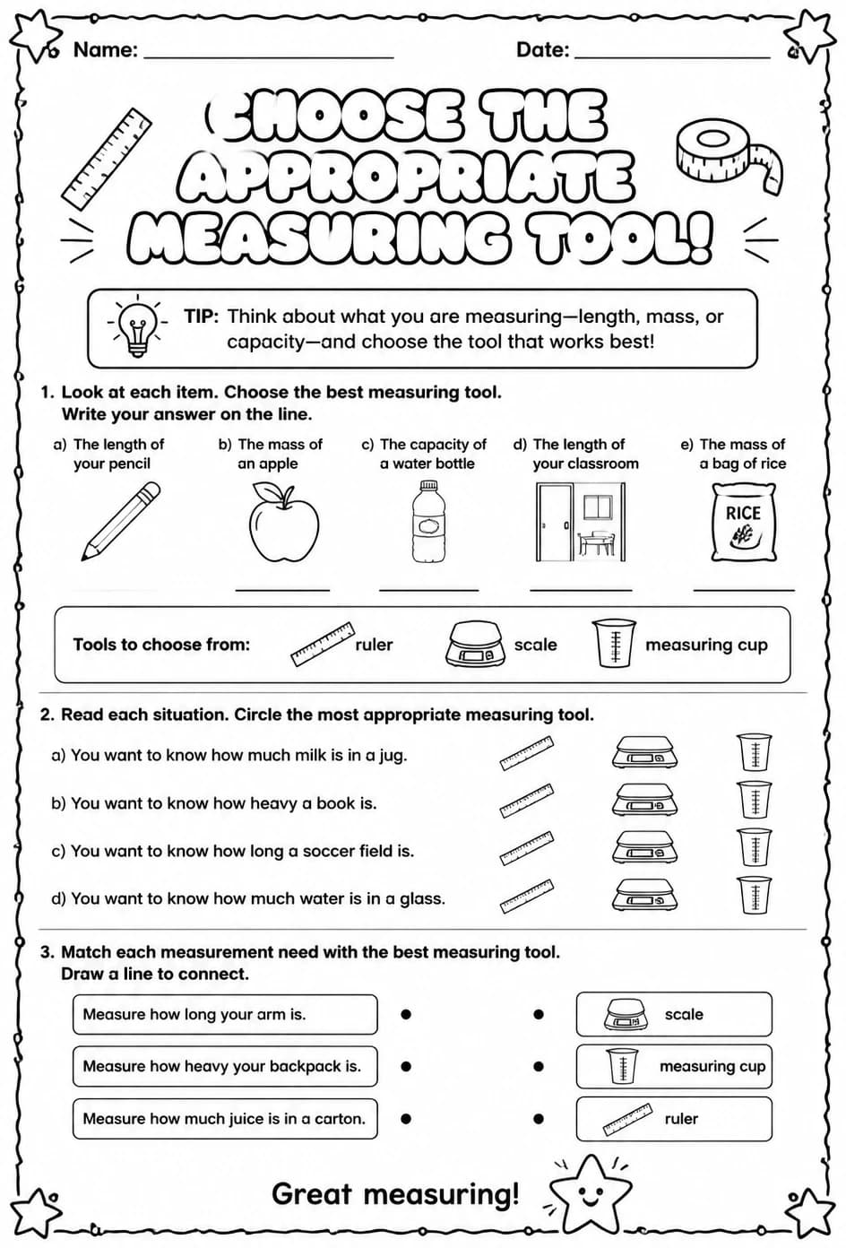 Choose the appropriate measuring tool — free printable Grade 3 math worksheet