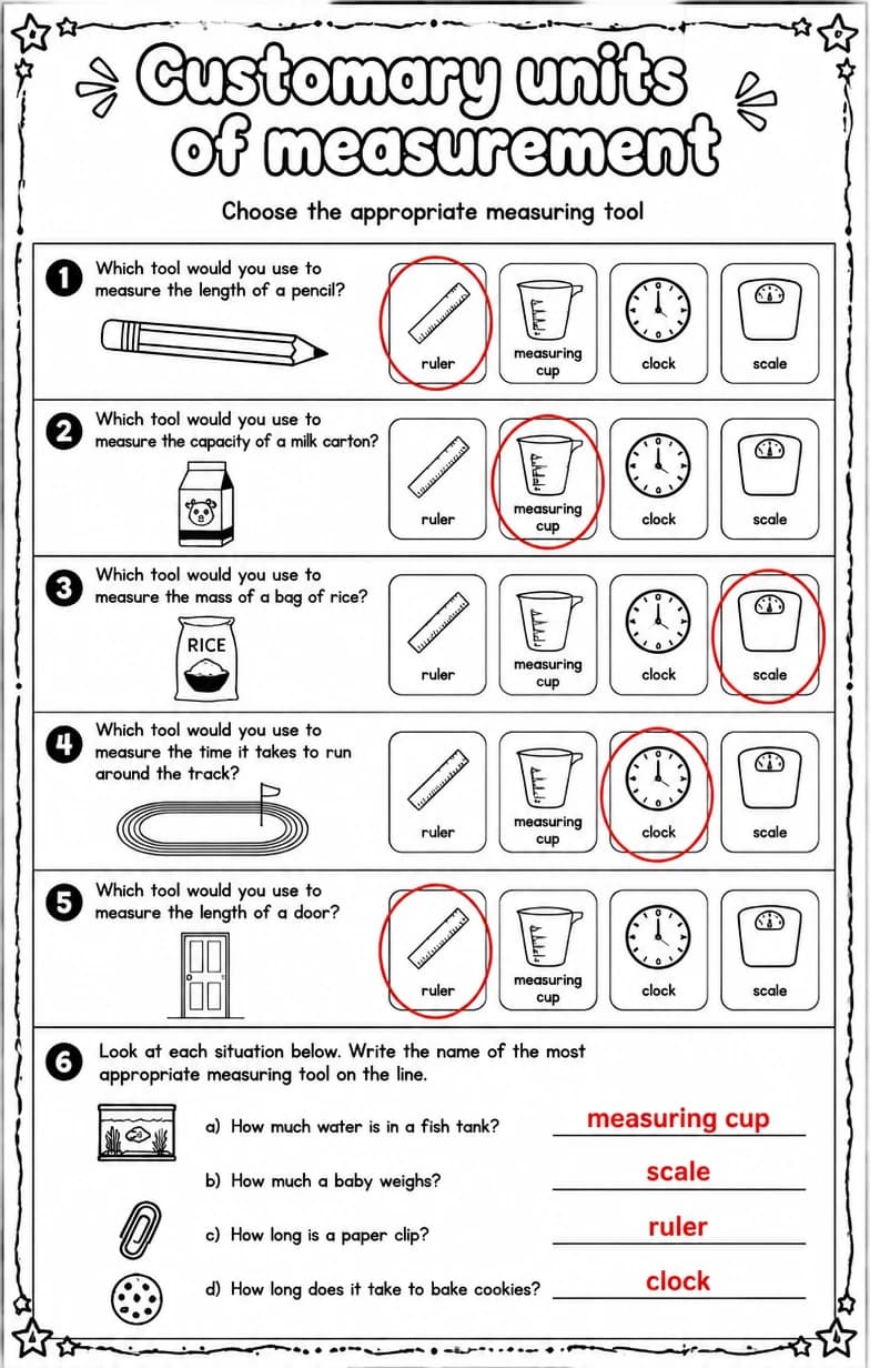 Answer key for Choose the appropriate measuring tool — free printable Math worksheet