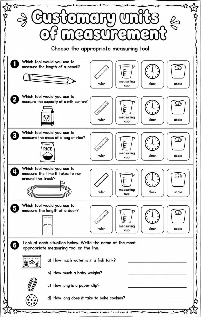 Choose the appropriate measuring tool — free printable Grade 4 Math worksheet
