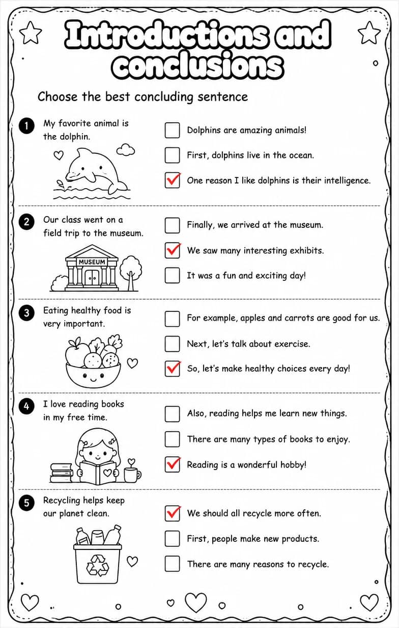 Answer key for Choose the best concluding sentence — free printable English & Reading worksheet