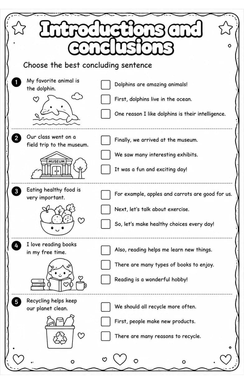 Choose the best concluding sentence — free printable Grade 4 English & Reading worksheet