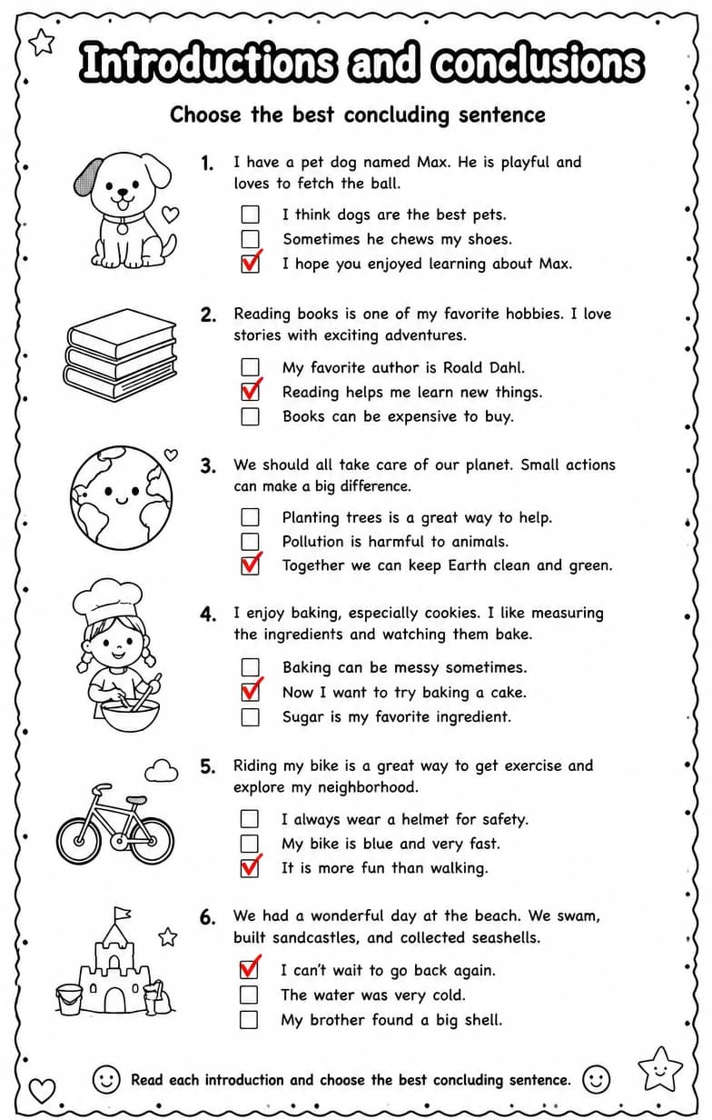 Answer key for Choose the best concluding sentence — free printable English & Reading worksheet