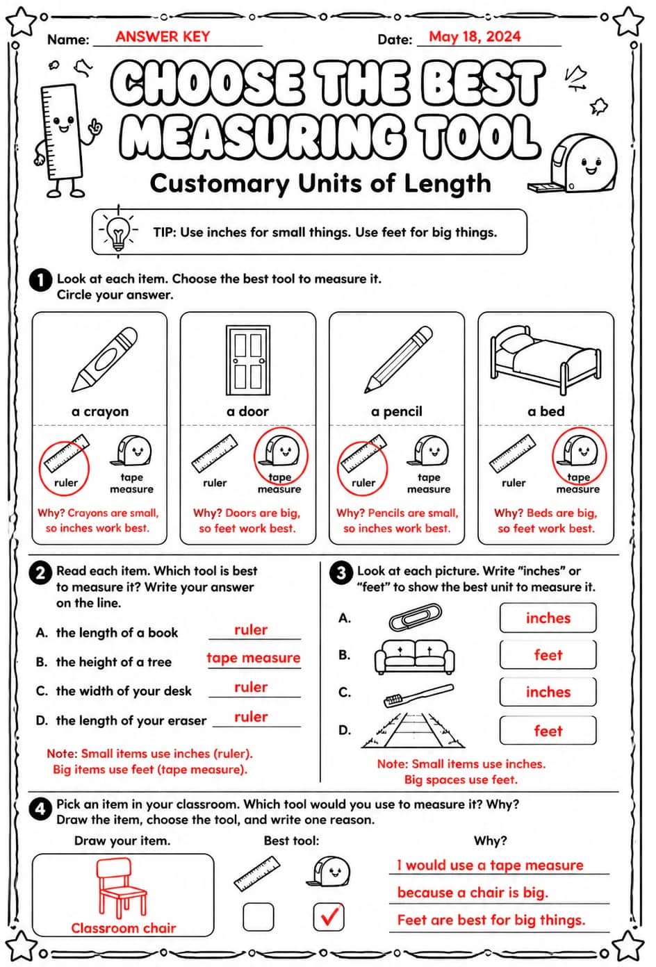 Answer key for Choose the best measuring tool: customary units of length — free printable Math worksheet