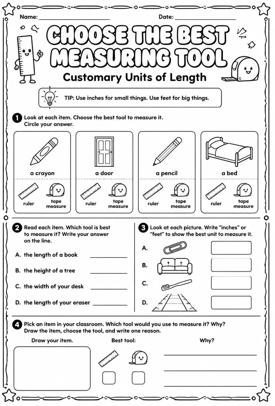 Choose the best measuring tool: customary units of length — free printable Grade 2 math worksheet