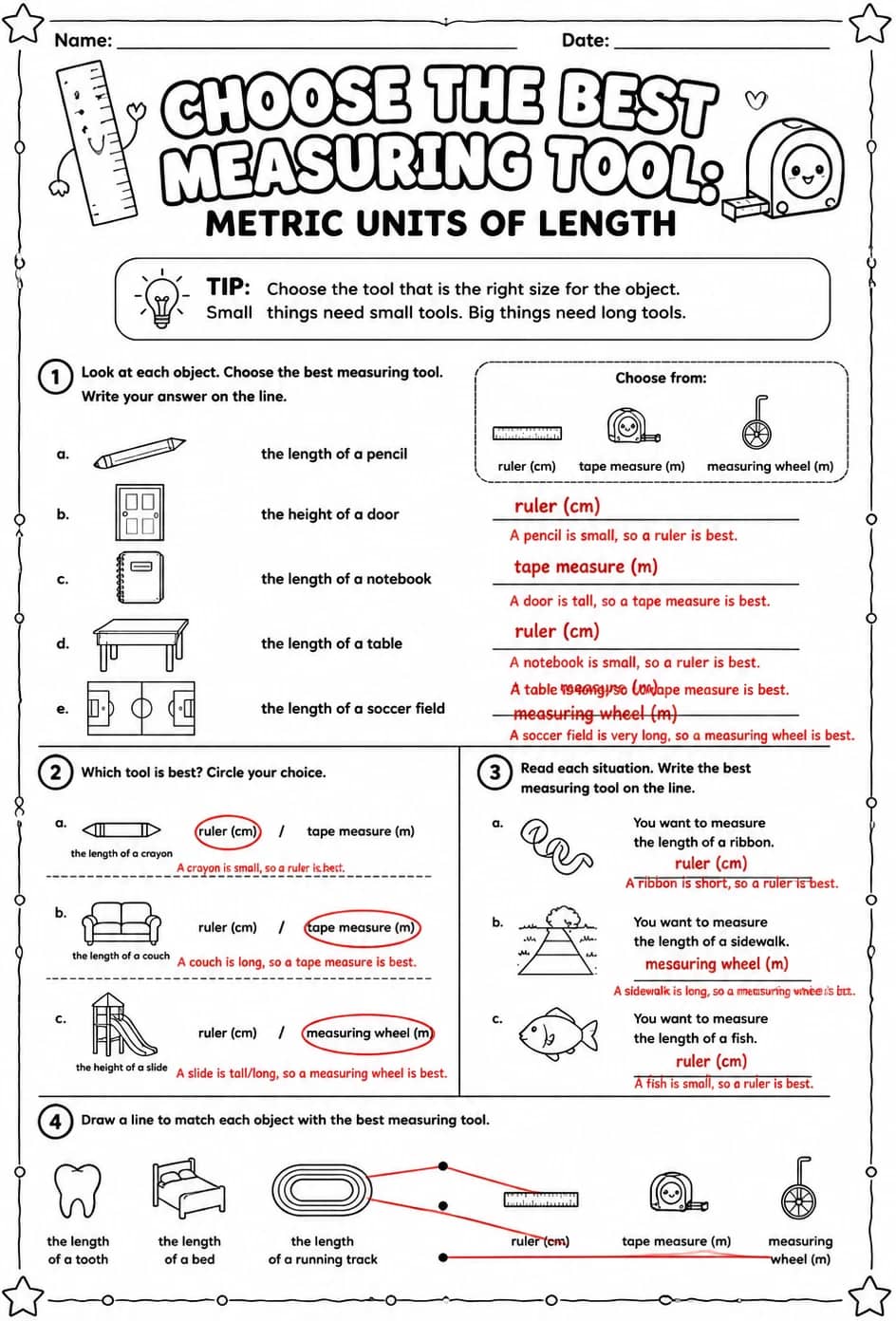 Answer key for Choose the best measuring tool: metric units of length — free printable Math worksheet
