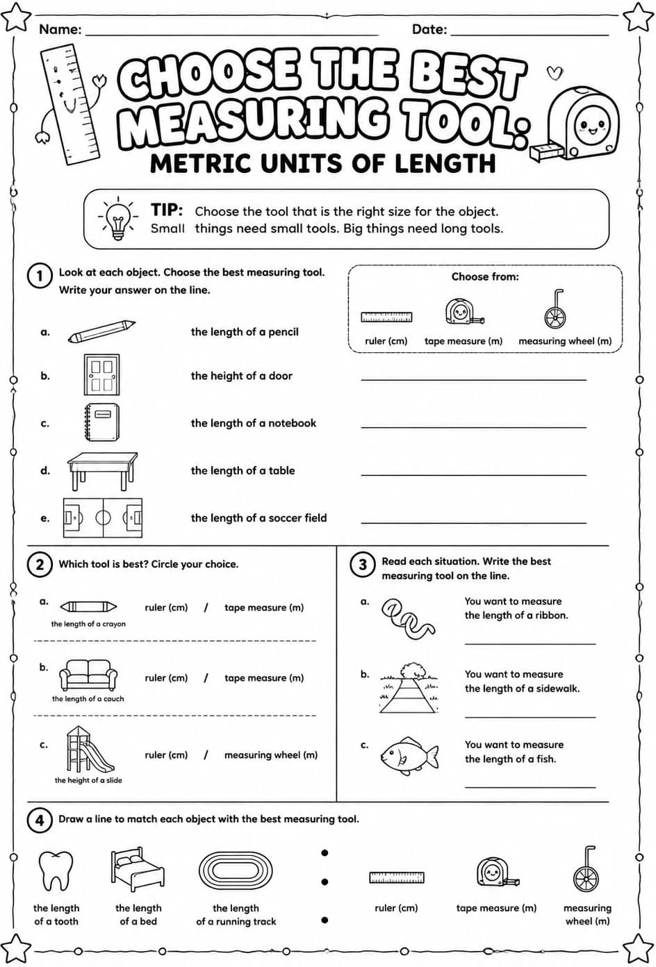 Choose the best measuring tool: metric units of length — free printable Grade 2 math worksheet