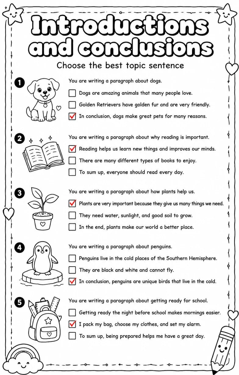 Answer key for Choose the best topic sentence — free printable English & Reading worksheet