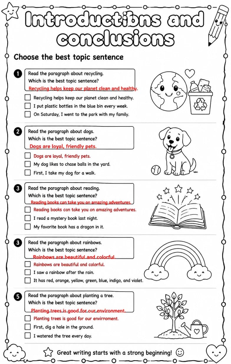 Answer key for Choose the best topic sentence — free printable English & Reading worksheet