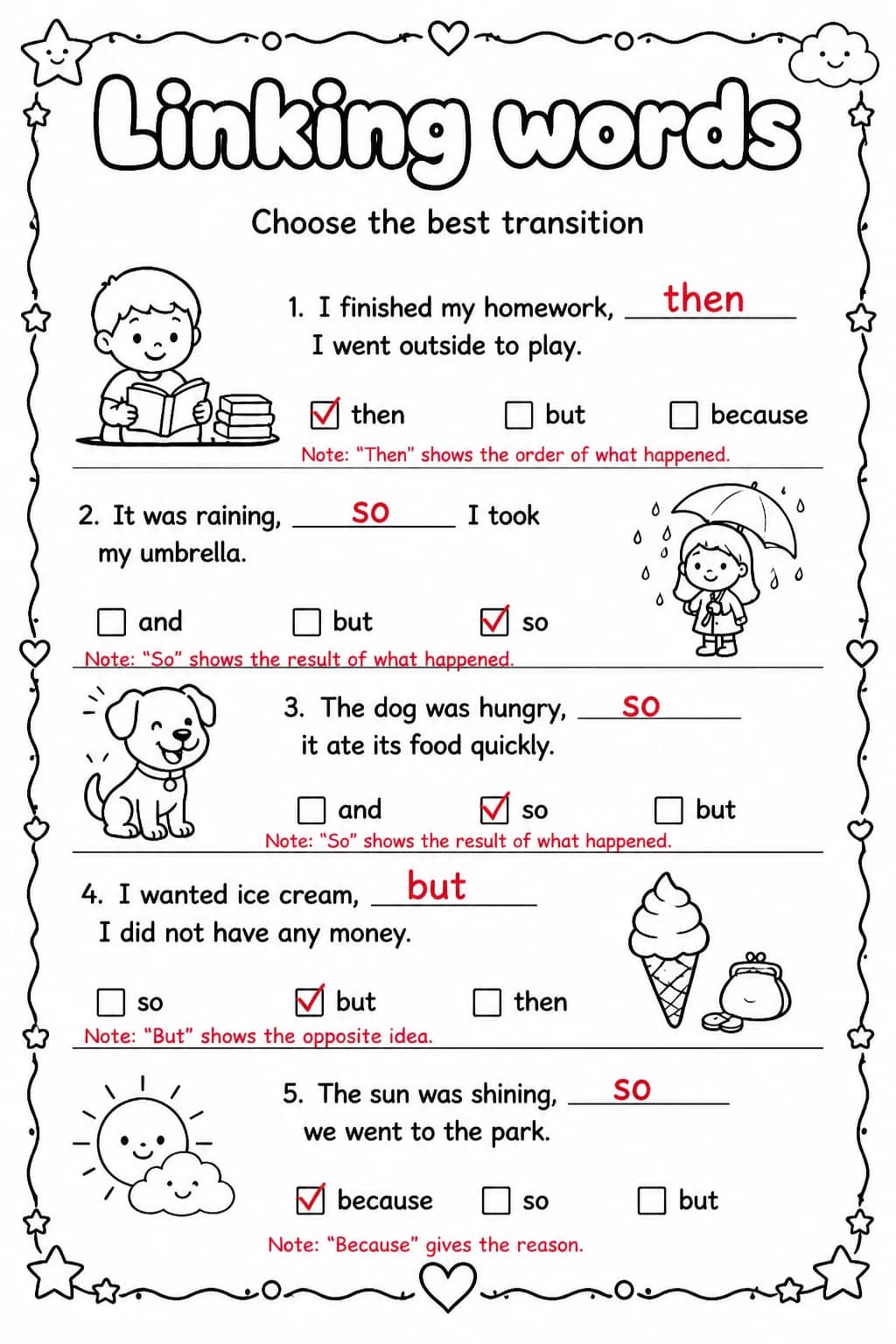 Answer key for Choose the best transition — free printable English & Reading worksheet