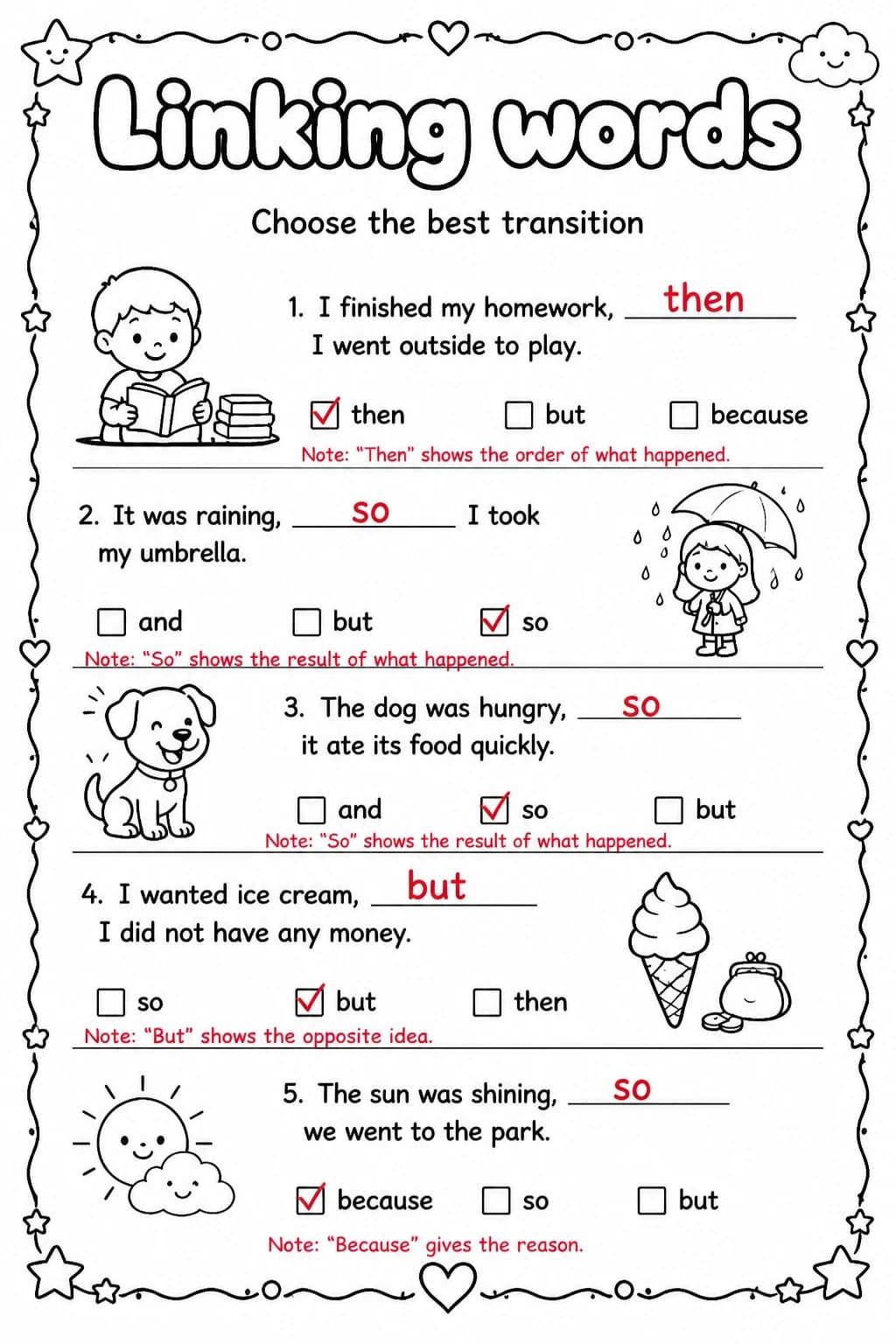 Answer key for Choose the best transition — free printable English & Reading worksheet