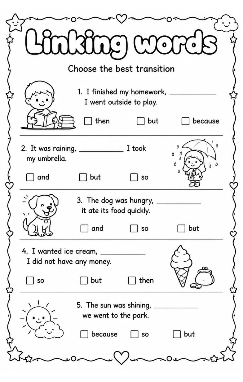 Choose the best transition — free printable Grade 3 English & Reading worksheet