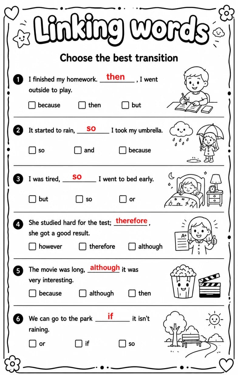 Answer key for Choose the best transition — free printable English & Reading worksheet