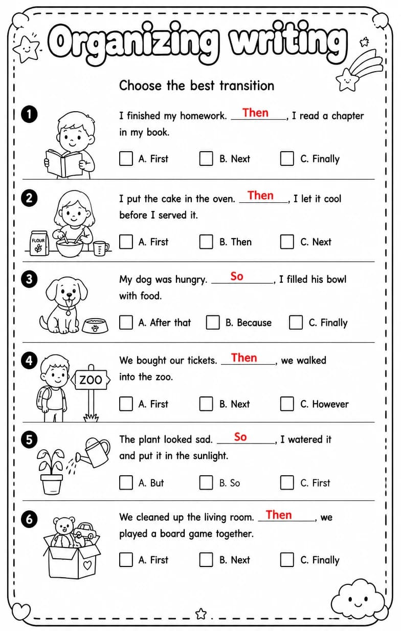 Answer key for Choose the best transition — free printable English & Reading worksheet