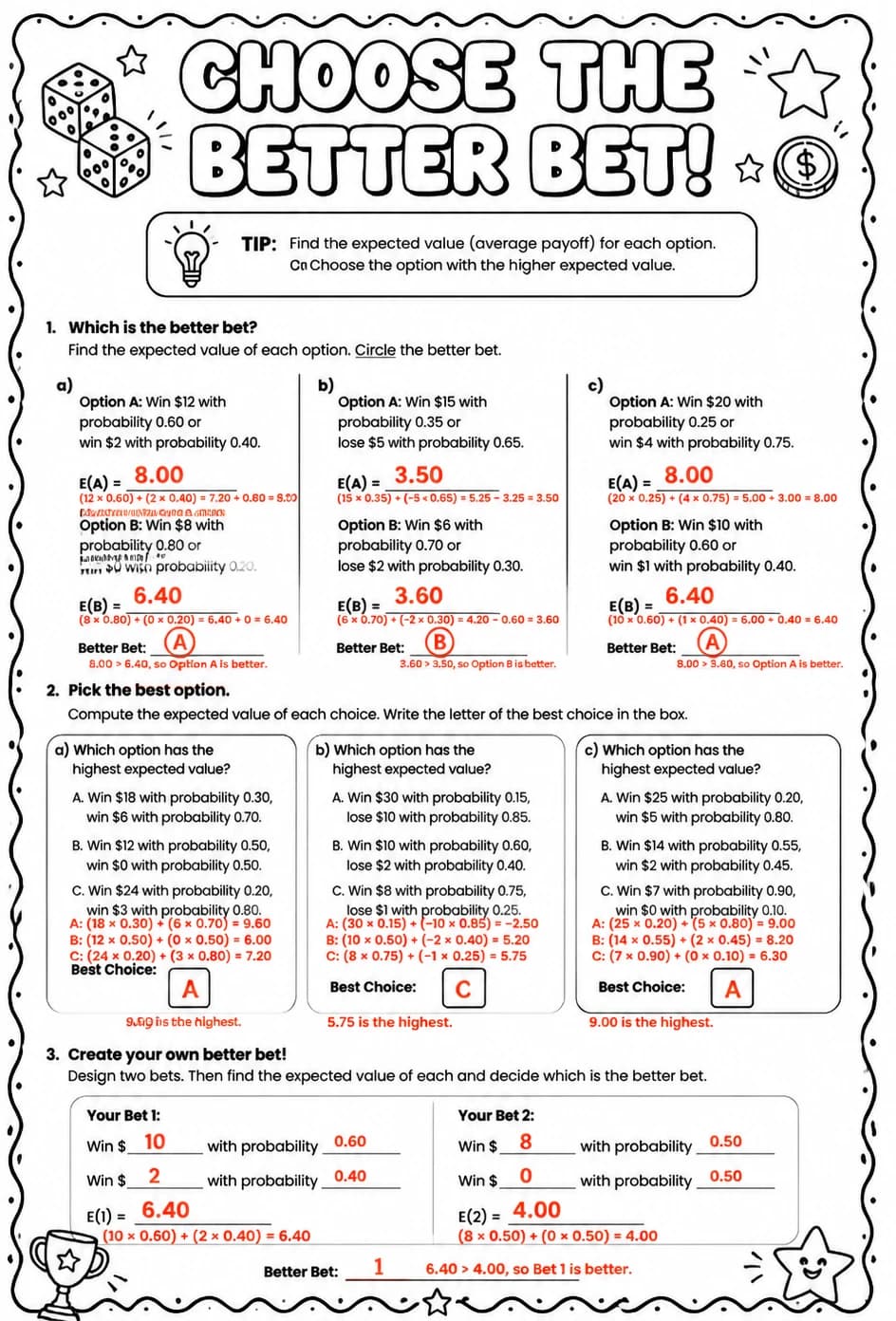 Answer key for Choose the better bet — free printable Math worksheet