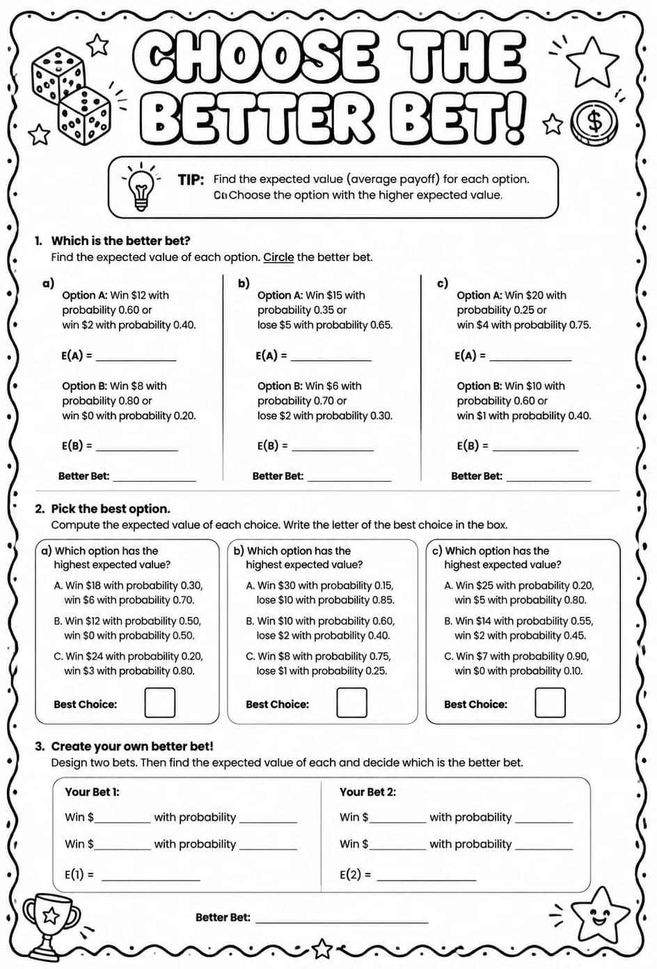 Choose the better bet — free printable Algebra 2 math worksheet
