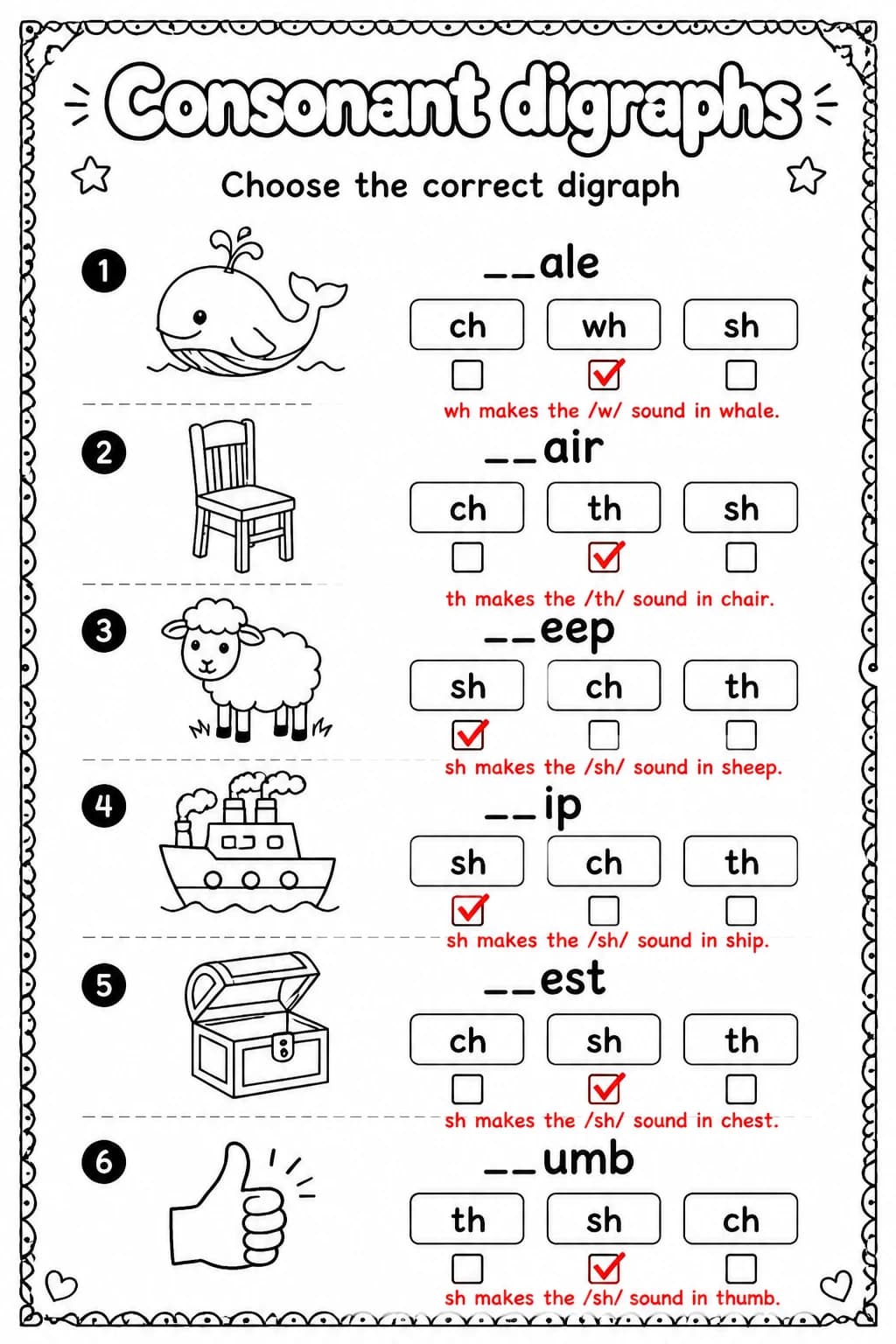 Answer key for Choose the correct digraph — free printable English & Reading worksheet