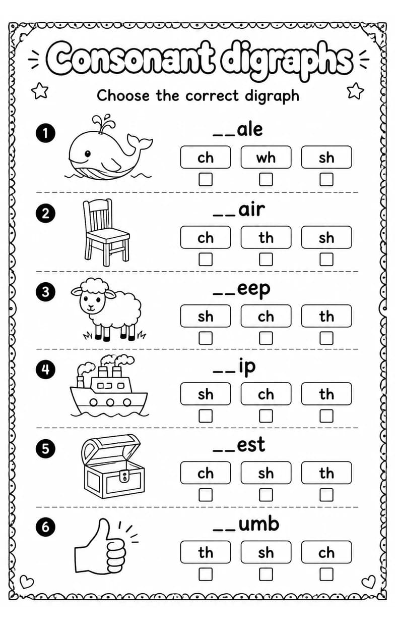 Choose the correct digraph — free printable Grade 1 English & Reading worksheet
