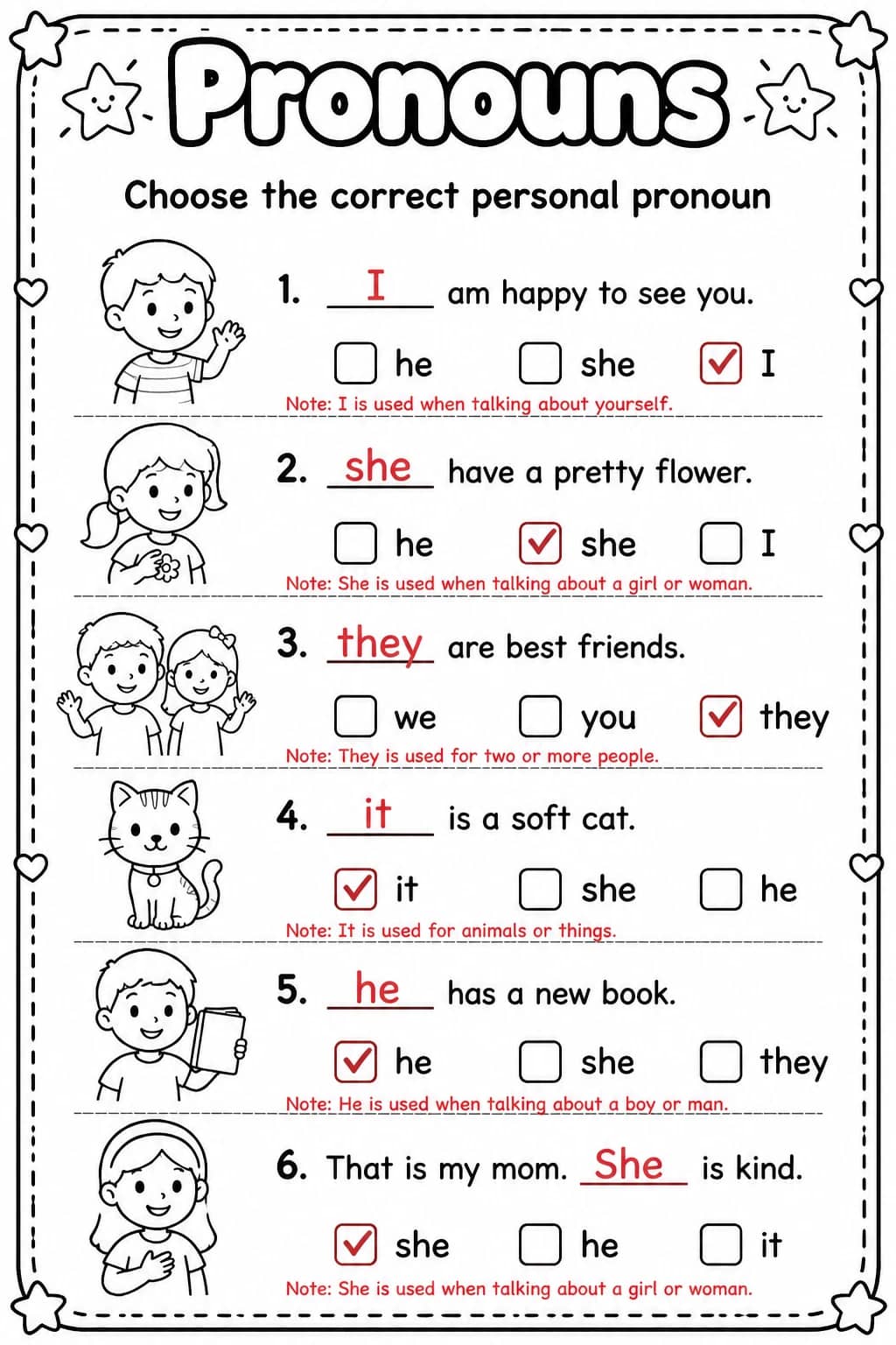 Answer key for Choose the correct personal pronoun — free printable English & Reading worksheet
