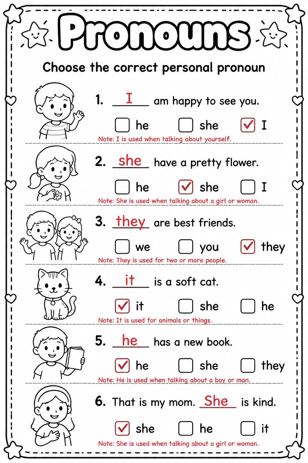 Answer key for Choose the correct personal pronoun — free printable English & Reading worksheet