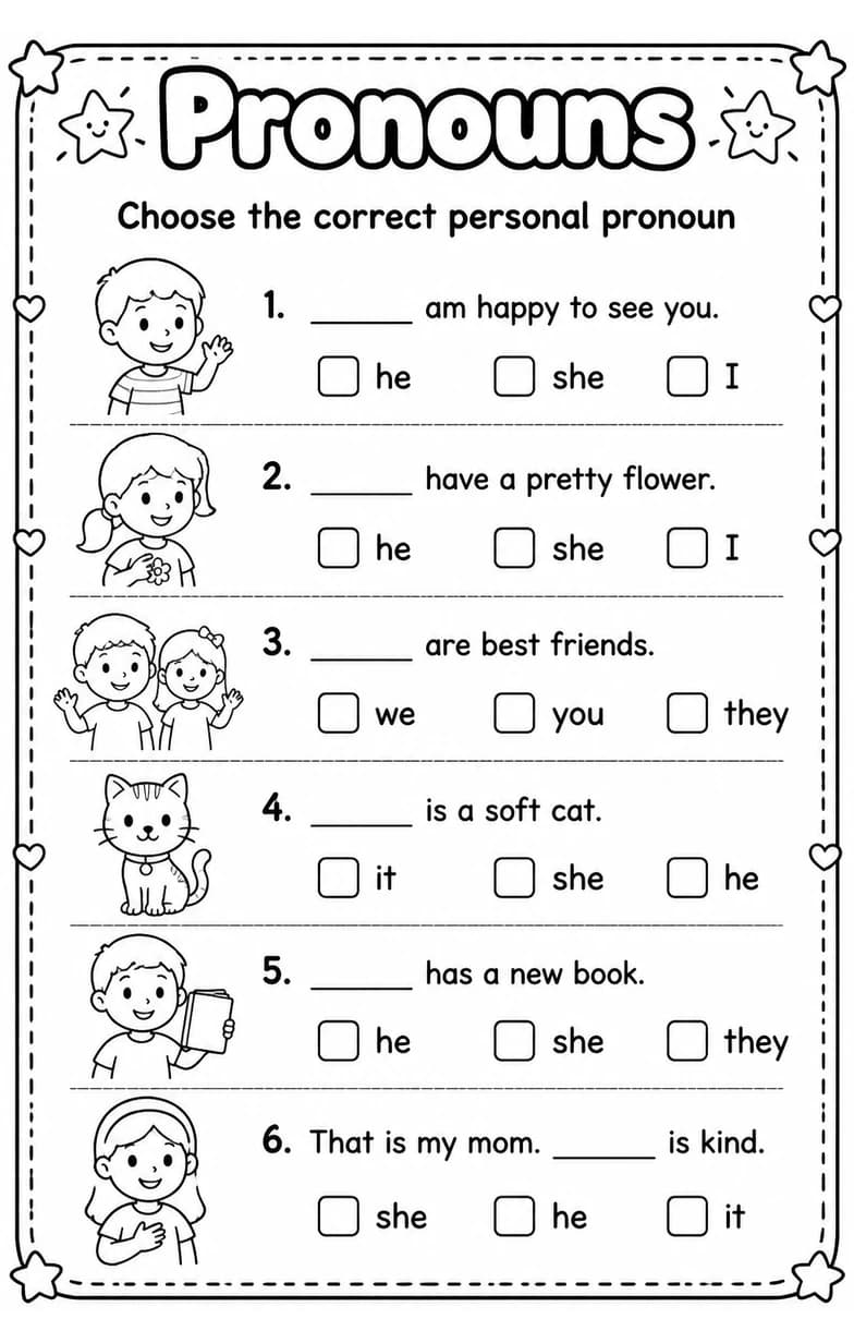 Choose the correct personal pronoun — free printable Grade 1 English & Reading worksheet