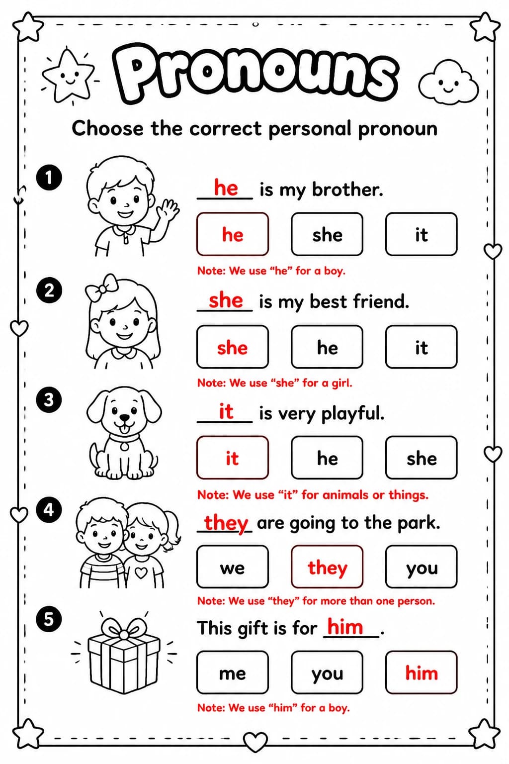 Answer key for Choose the correct personal pronoun — free printable English & Reading worksheet