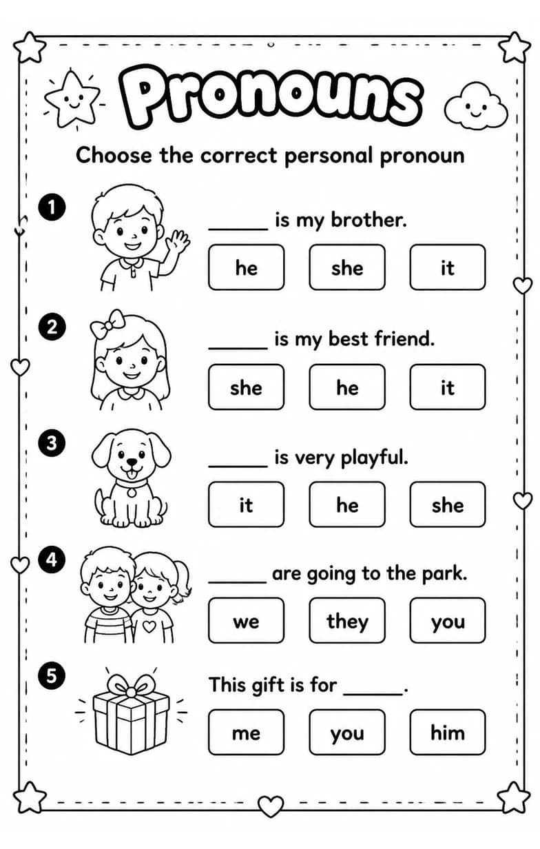Choose the correct personal pronoun — free printable Grade 2 English & Reading worksheet