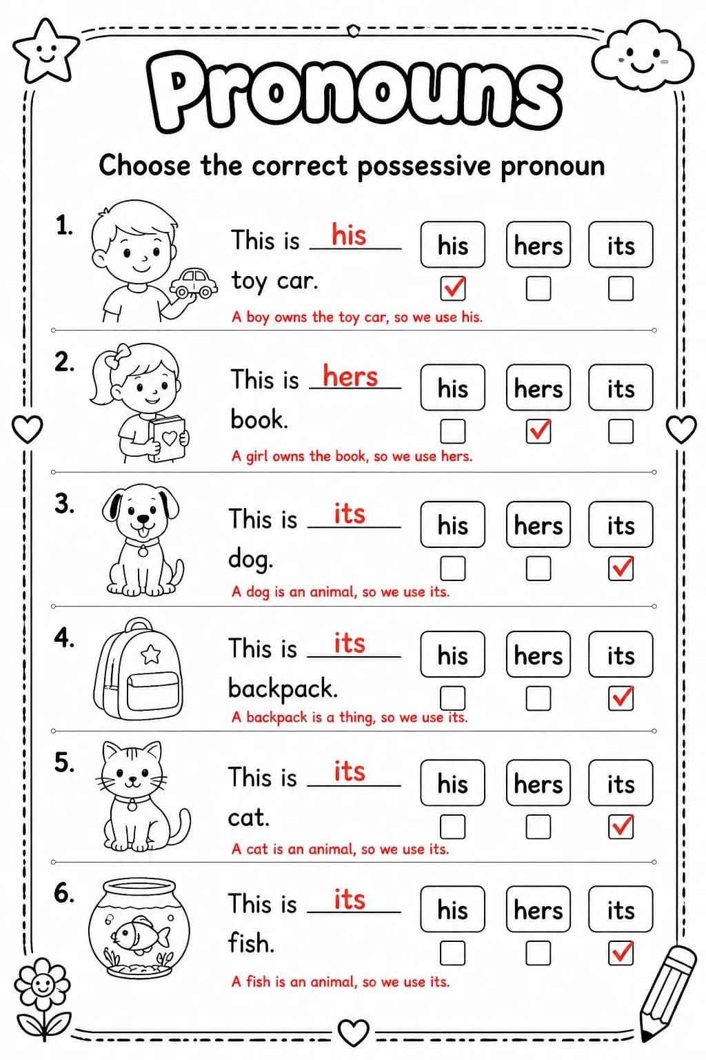 Answer key for Choose the correct possessive pronoun — free printable English & Reading worksheet