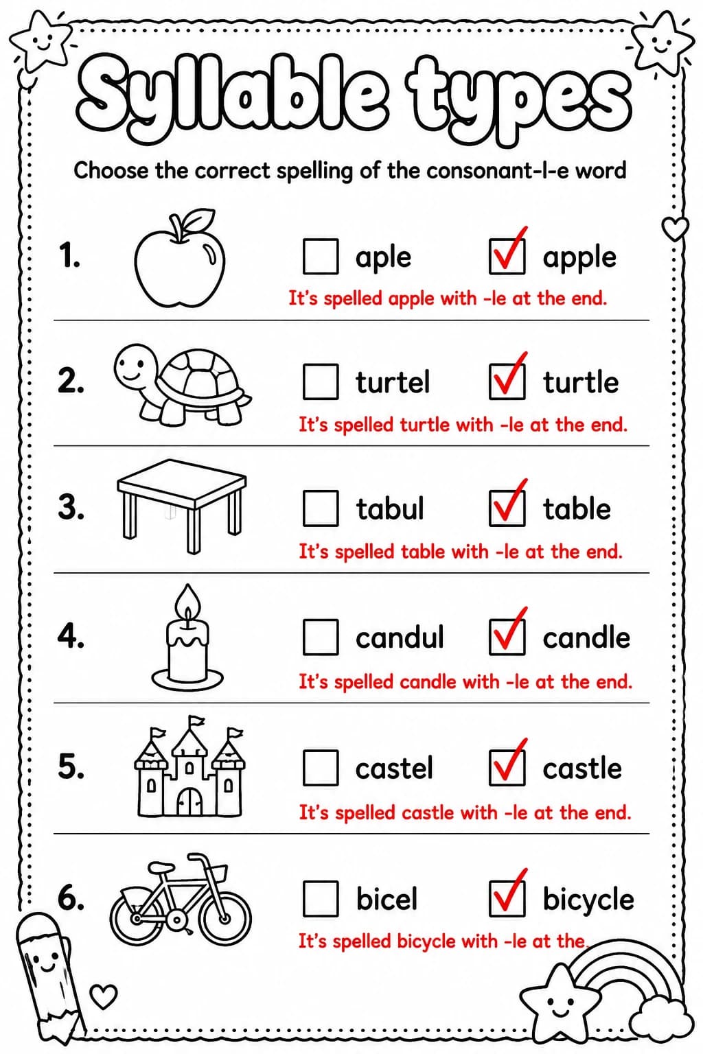 Answer key for Choose the correct spelling of the consonant-l-e word — free printable English & Reading worksheet