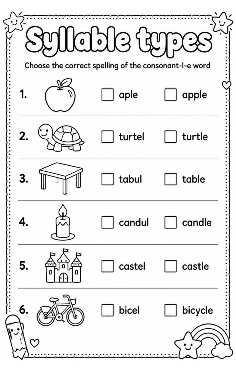 Choose the correct spelling of the consonant-l-e word — free printable Grade 2 English & Reading worksheet