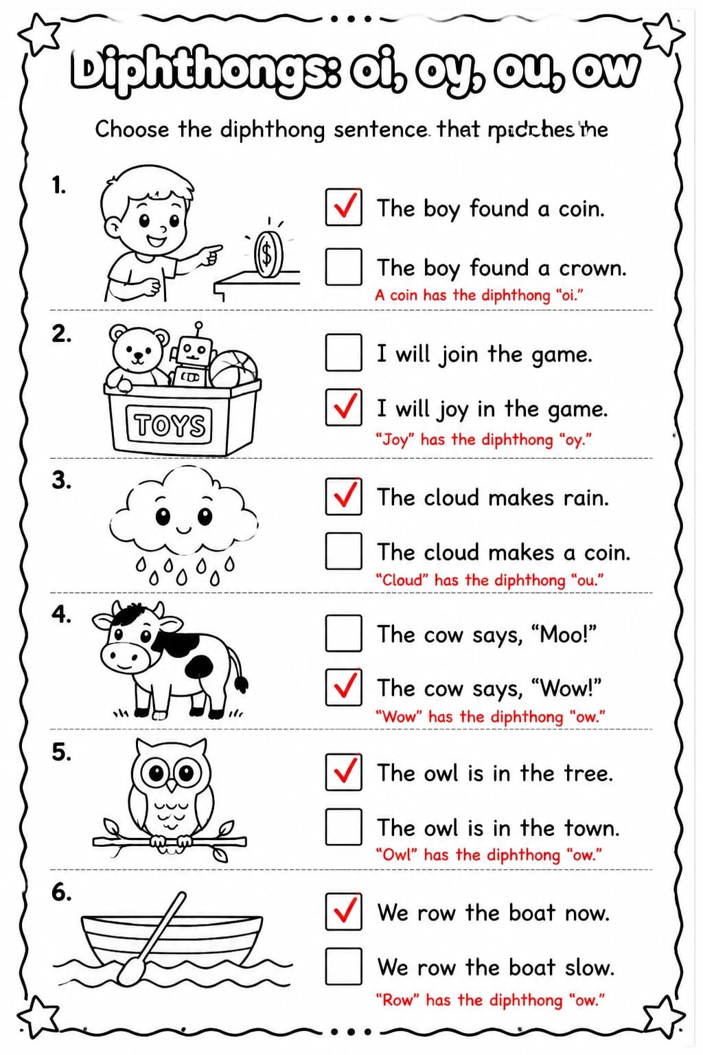 Answer key for Choose the diphthong sentence that matches the picture — free printable English & Reading worksheet