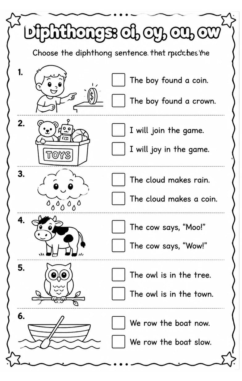 Choose the diphthong sentence that matches the picture — free printable Grade 2 English & Reading worksheet