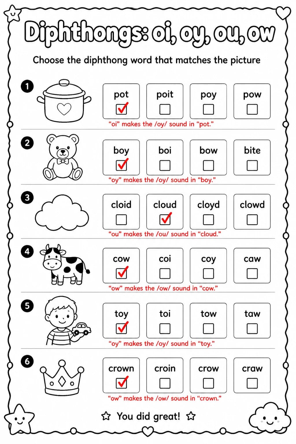 Answer key for Choose the diphthong word that matches the picture — free printable English & Reading worksheet