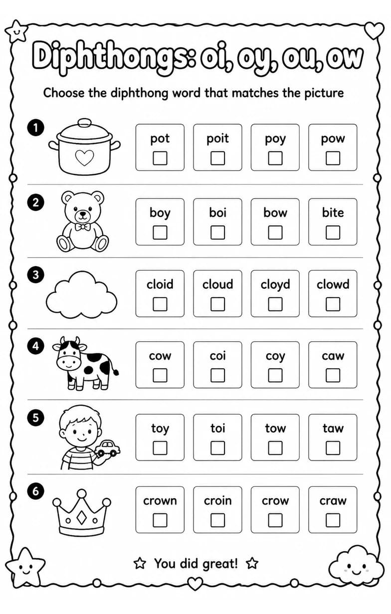 Choose the diphthong word that matches the picture — free printable Grade 1 English & Reading worksheet