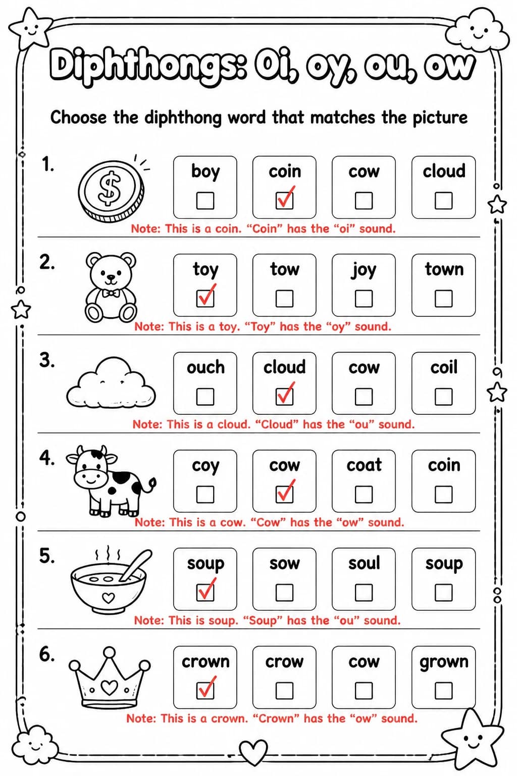 Answer key for Choose the diphthong word that matches the picture — free printable English & Reading worksheet